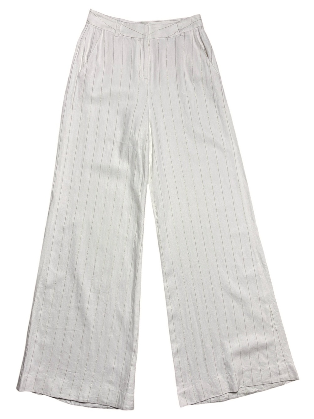 L’AGENCE Fable Linen Blend Pinstripe Flare Pant Ecru/Gold Sz 0